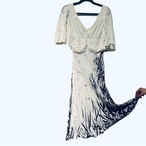 Catherine malandrino white black silk dress ruching flowy sleeves floral